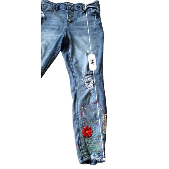 No Bo High Rise Skinny Jeans Womens JR 13 Button Fly Embroidered Patches Skater - Picture 10 of 11